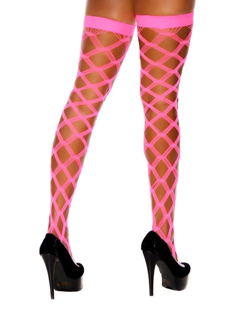 Neon Pink Diamond Net Thigh High Stockings